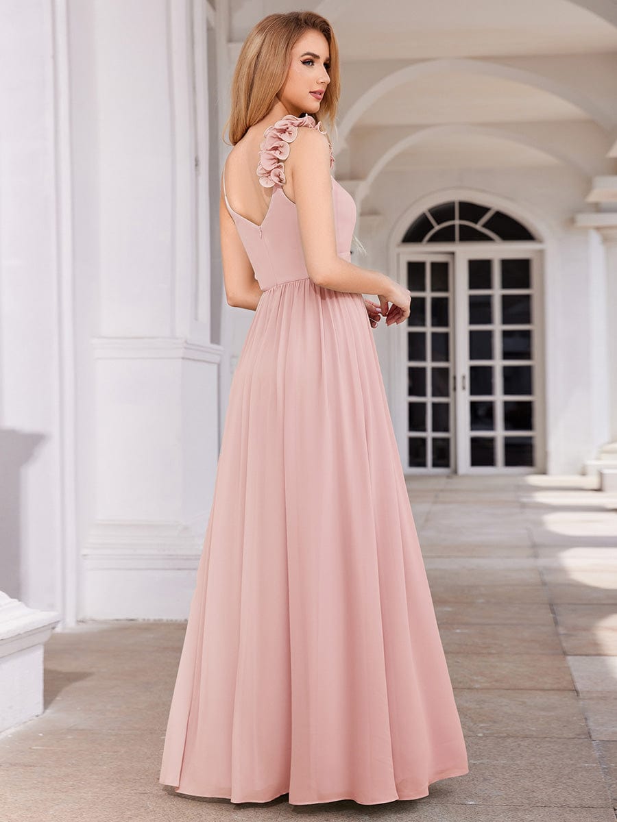 Floral Strap V-Neck Chiffon Bridesmaid Dress with A-Line Silhouette #color_Pink