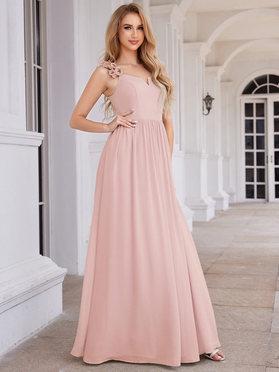 Floral Strap V-Neck Chiffon Bridesmaid Dress with A-Line Silhouette #color_Pink