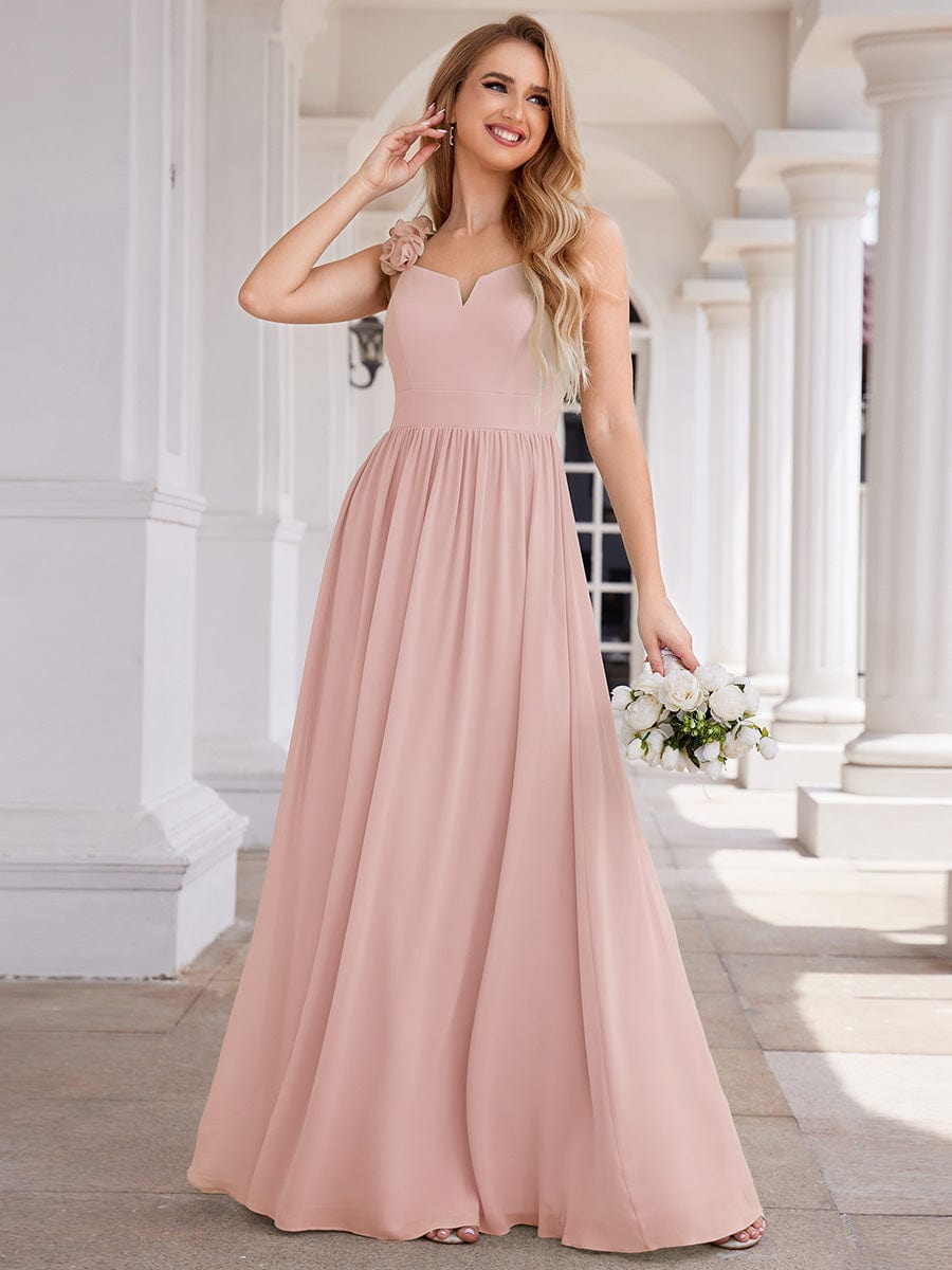 Floral Strap V-Neck Chiffon Bridesmaid Dress with A-Line Silhouette #color_Pink