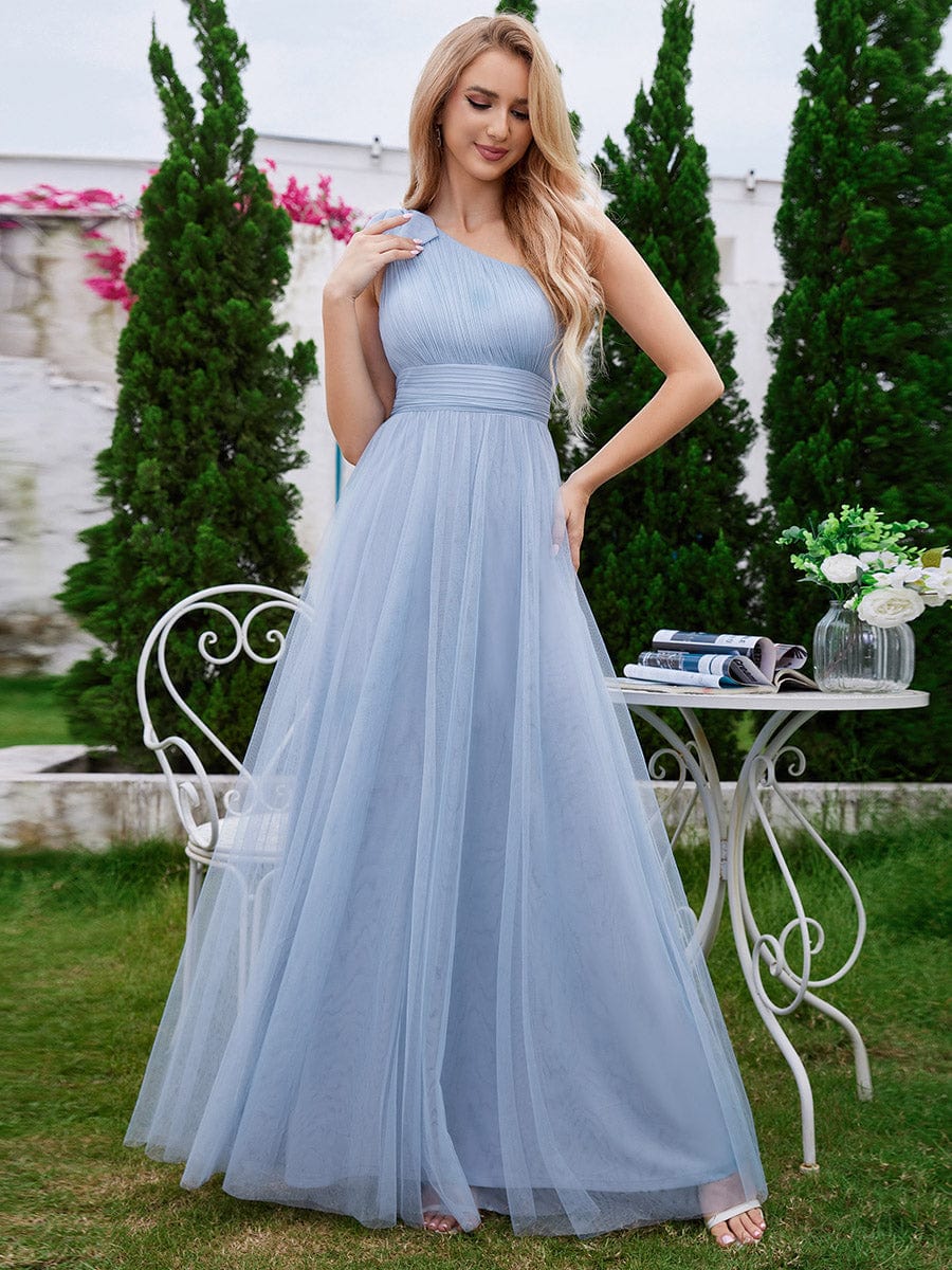 Romantic One Shoulder Bowknot Streamer Tulle A-Line Bridesmaid Dress #color_Light Blue