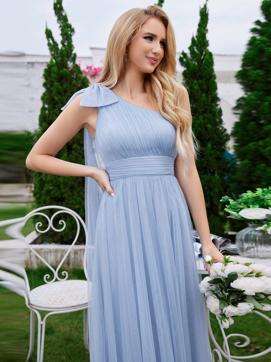 Romantic One Shoulder Bowknot Streamer Tulle A-Line Bridesmaid Dress #color_Light Blue