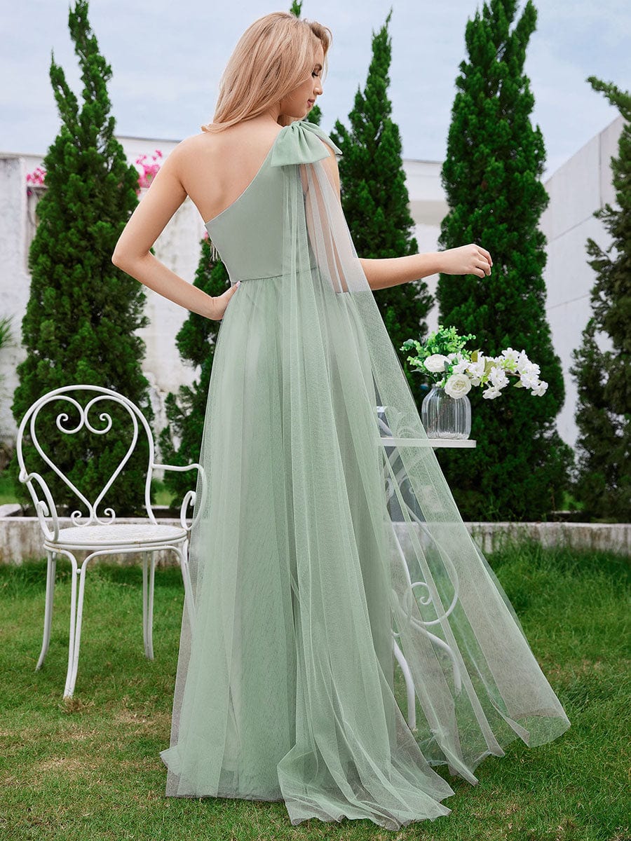 Romantic One Shoulder Bowknot Streamer Tulle A-Line Bridesmaid Dress #color_Mint Green