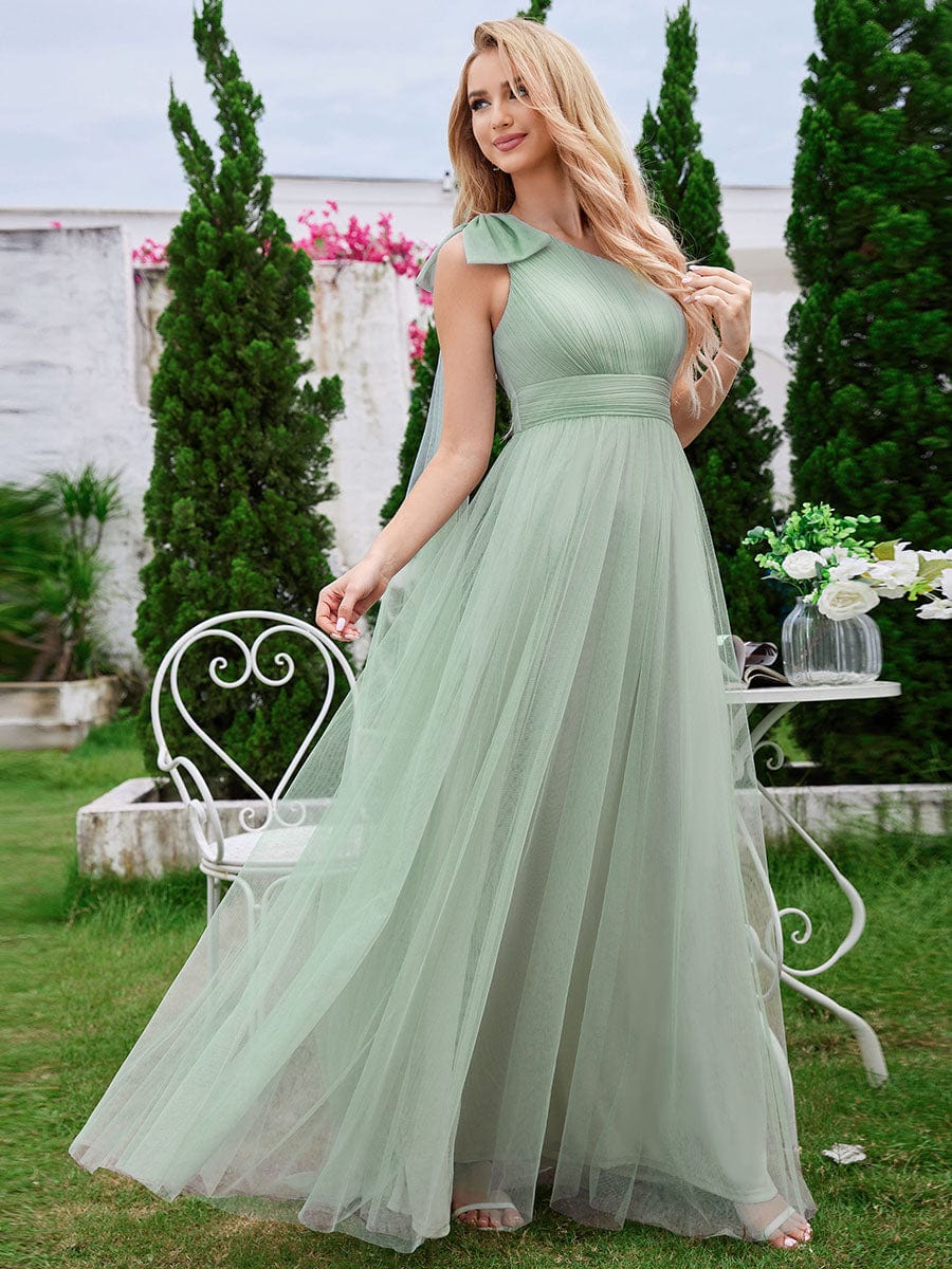 Romantic One Shoulder Bowknot Streamer Tulle A-Line Bridesmaid Dress #color_Mint Green