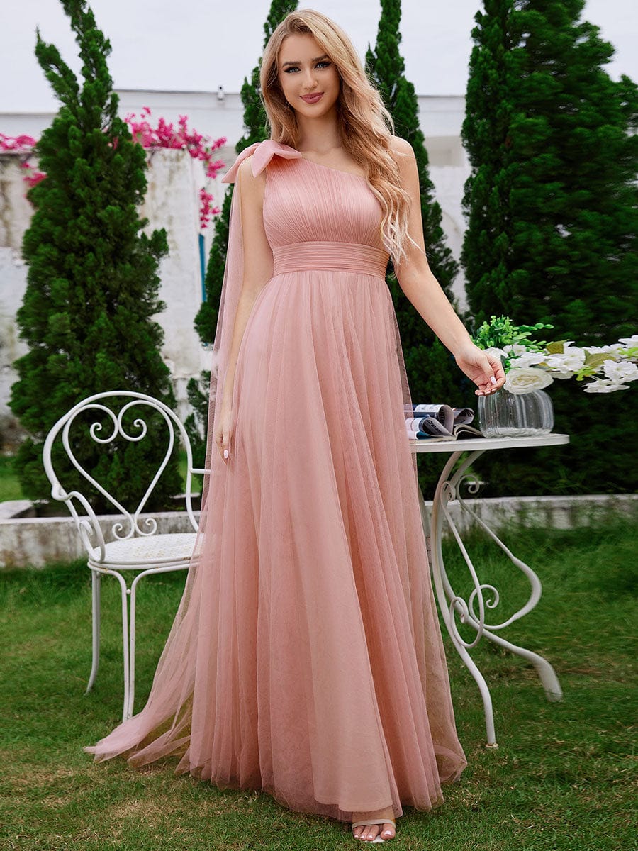 Romantic One Shoulder Bowknot Streamer Tulle A-Line Bridesmaid Dress #color_Pink