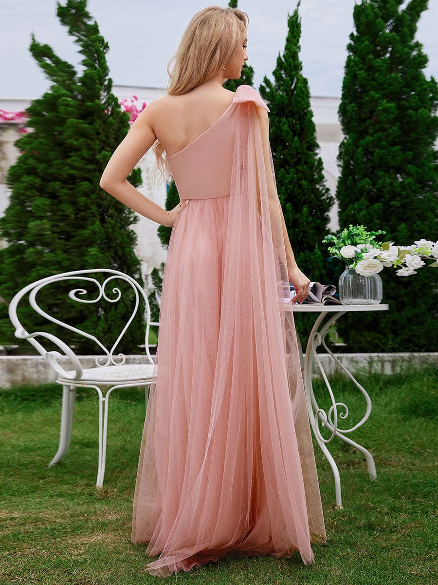 Romantic One Shoulder Bowknot Streamer Tulle A-Line Bridesmaid Dress #color_Pink