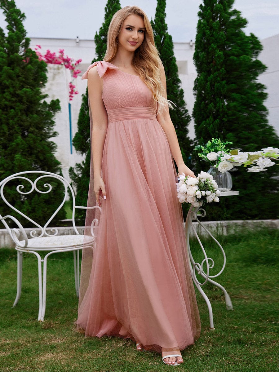 Romantic One Shoulder Bowknot Streamer Tulle A-Line Bridesmaid Dress #color_Pink