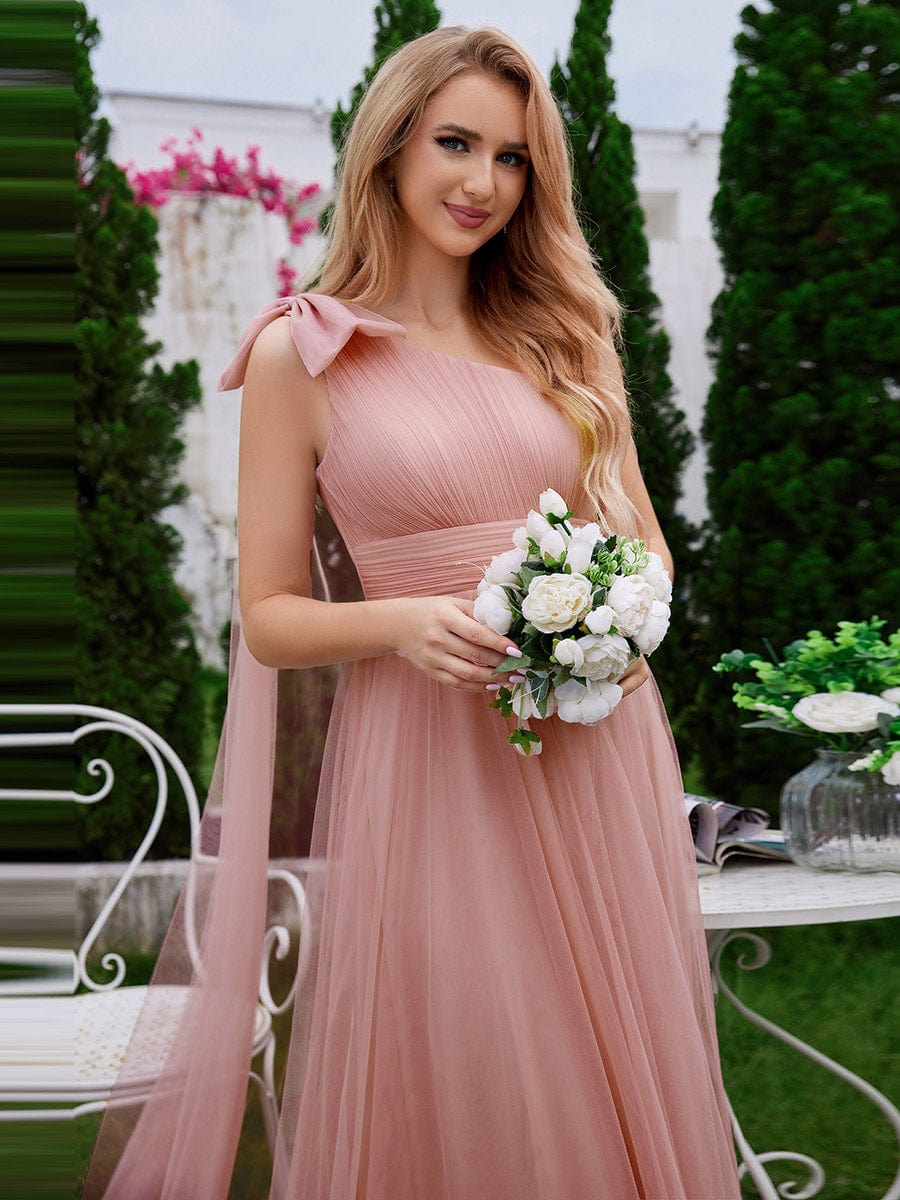 Romantic One Shoulder Bowknot Streamer Tulle A-Line Bridesmaid Dress #color_Pink