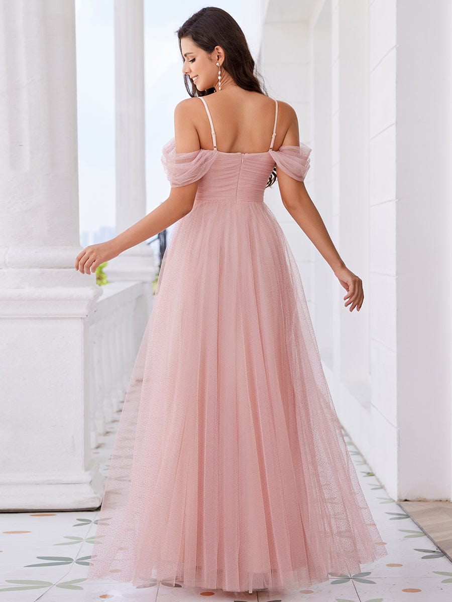 Spaghetti Strap Backless Sweetheart A-Line Tulle Bridesmaid Dress #color_Pink