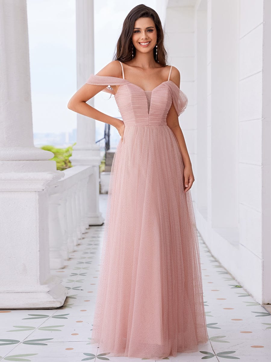 Spaghetti Strap Backless Sweetheart A-Line Tulle Bridesmaid Dress #color_Pink