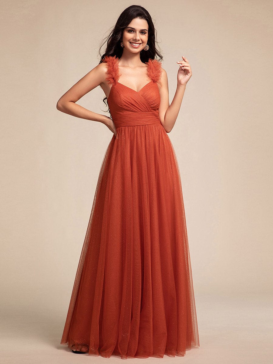 Embellished Shoulders Pleated Tulle Glitter Bridesmaid Dress #color_Burnt Orange