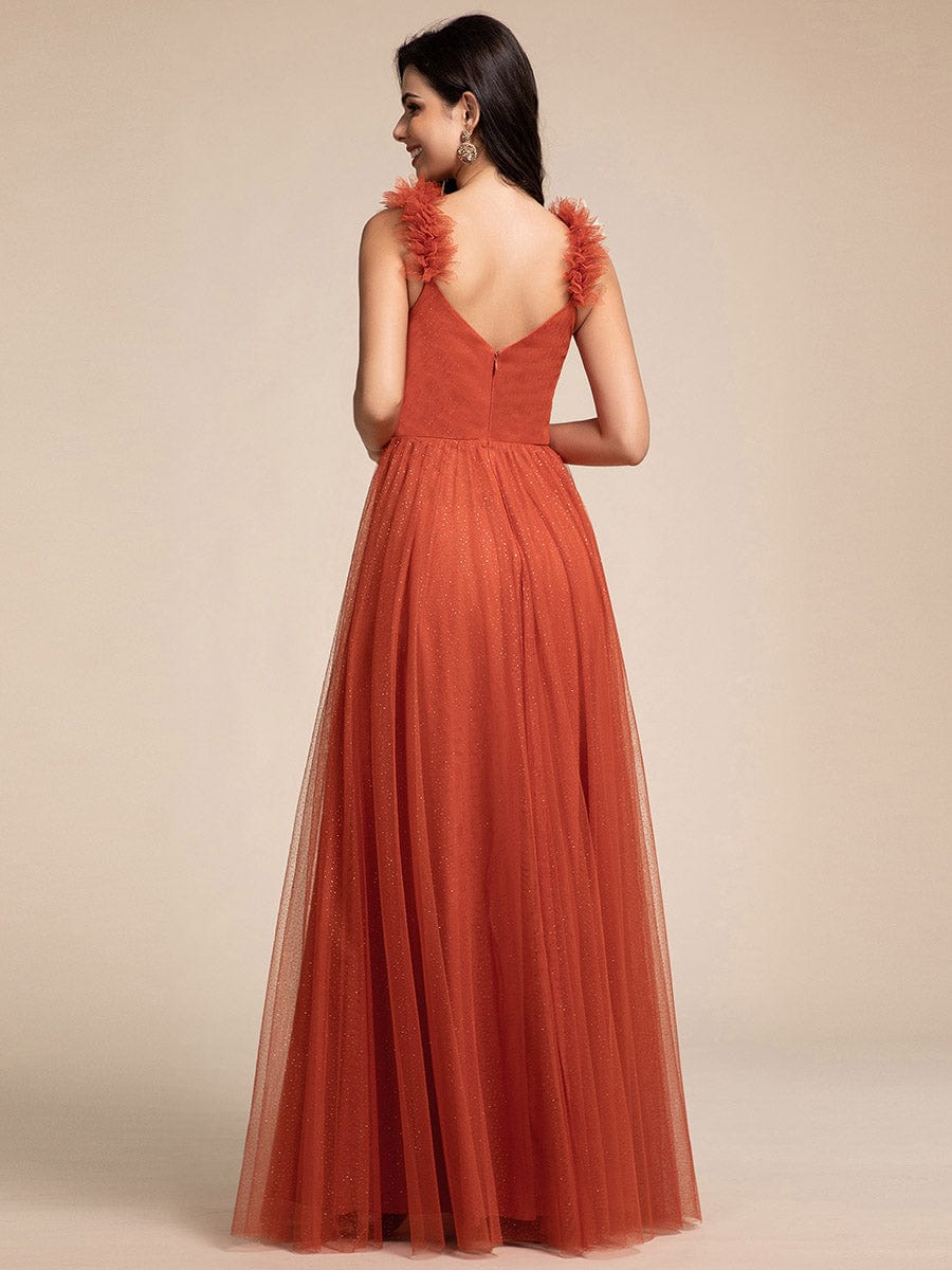 Embellished Shoulders Pleated Tulle Glitter Bridesmaid Dress #color_Burnt Orange