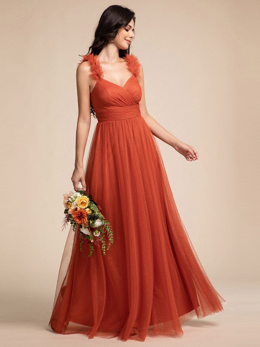 Embellished Shoulders Pleated Tulle Glitter Bridesmaid Dress #color_Burnt Orange