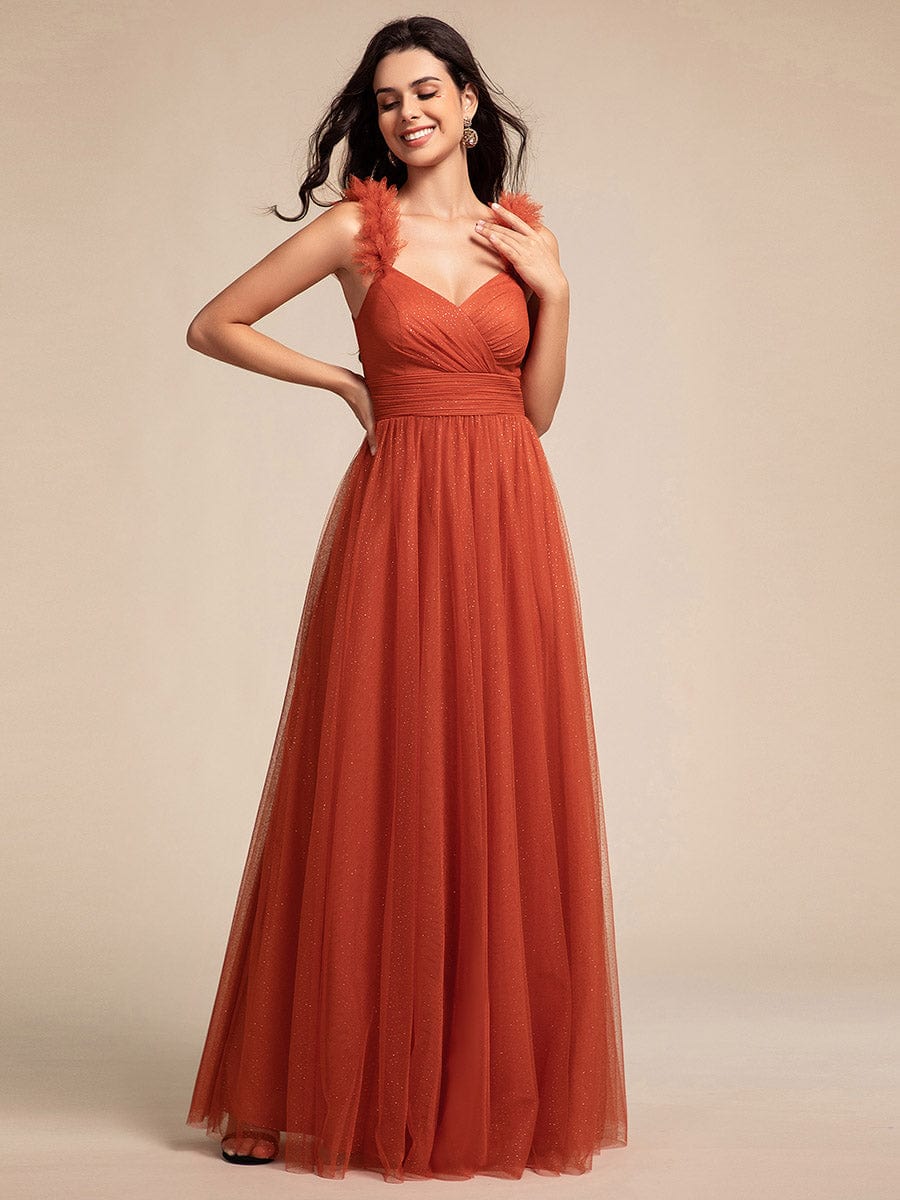 Embellished Shoulders Pleated Tulle Glitter Bridesmaid Dress #color_Burnt Orange