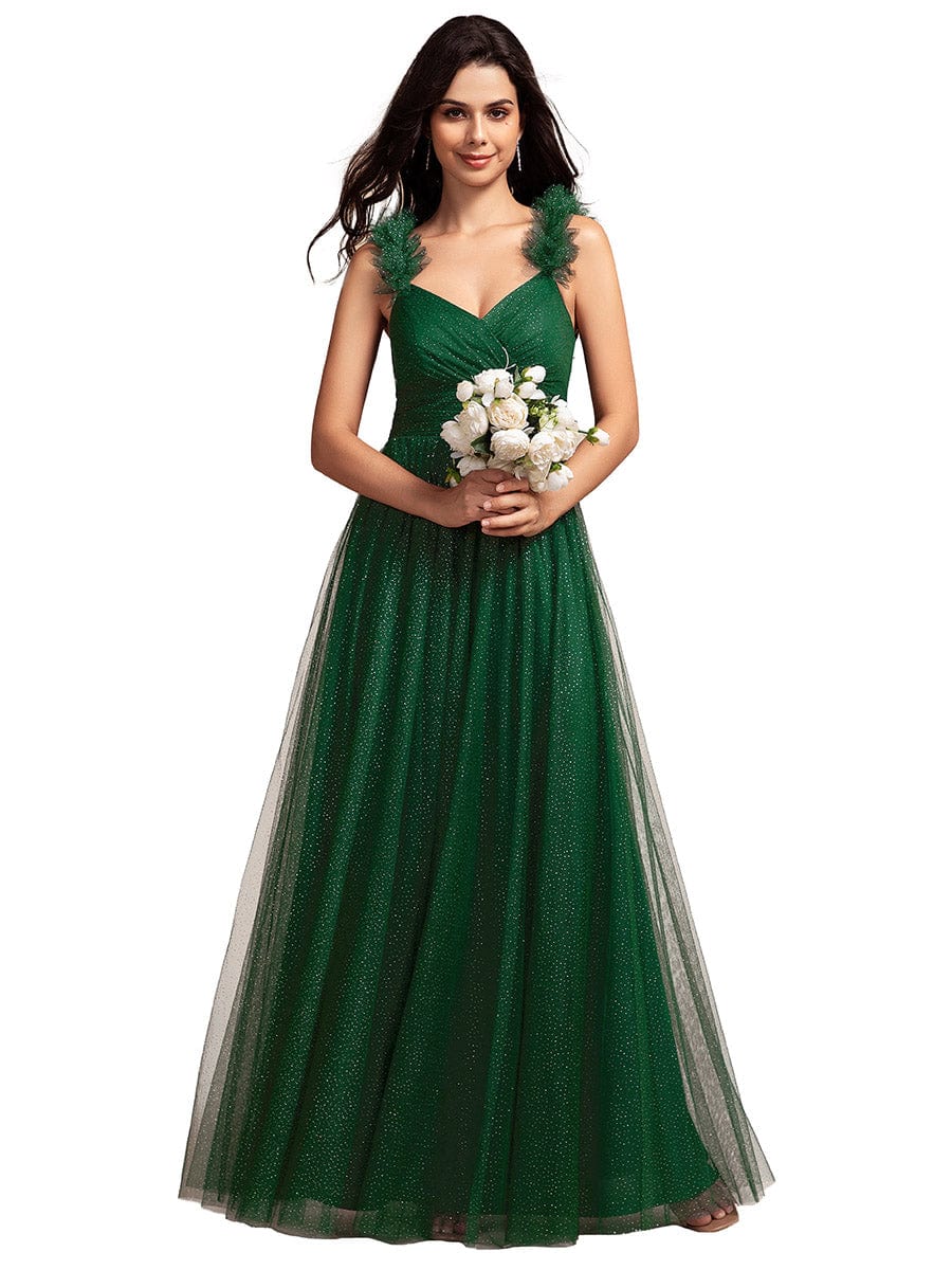 Embellished Shoulders Pleated Tulle Glitter Bridesmaid Dress #color_Dark Green