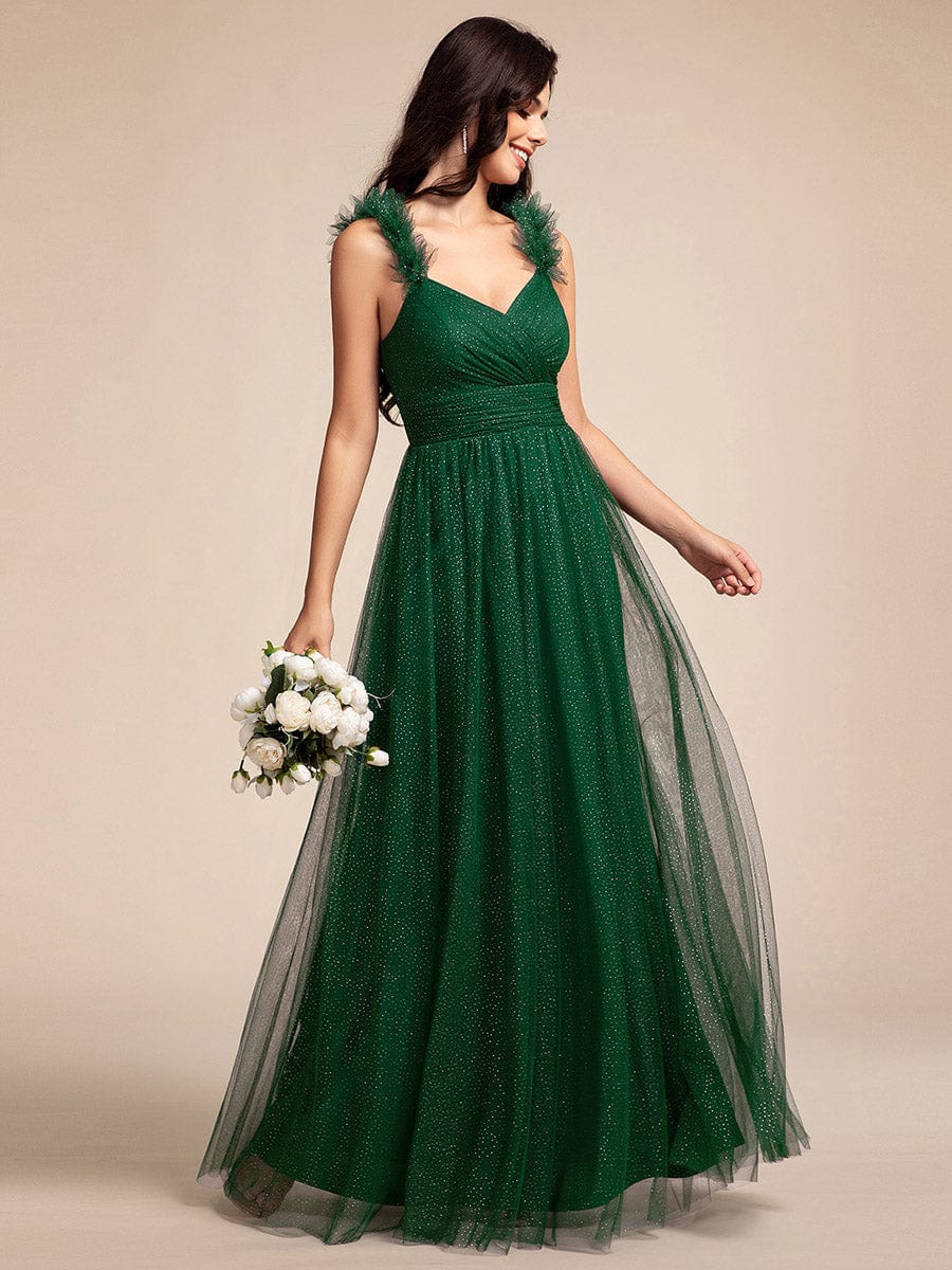 Embellished Shoulders Pleated Tulle Glitter Bridesmaid Dress #color_Dark Green