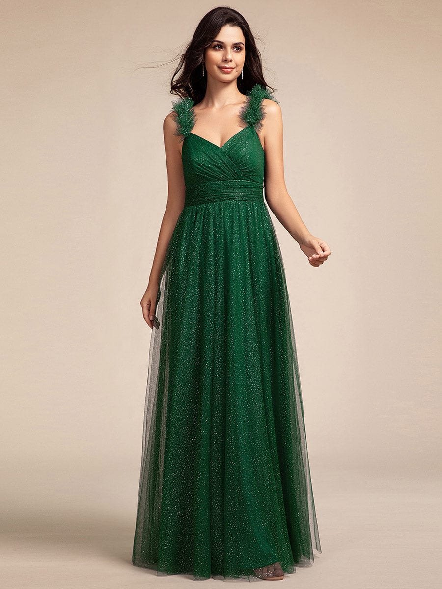 Embellished Shoulders Pleated Tulle Glitter Bridesmaid Dress #color_Dark Green