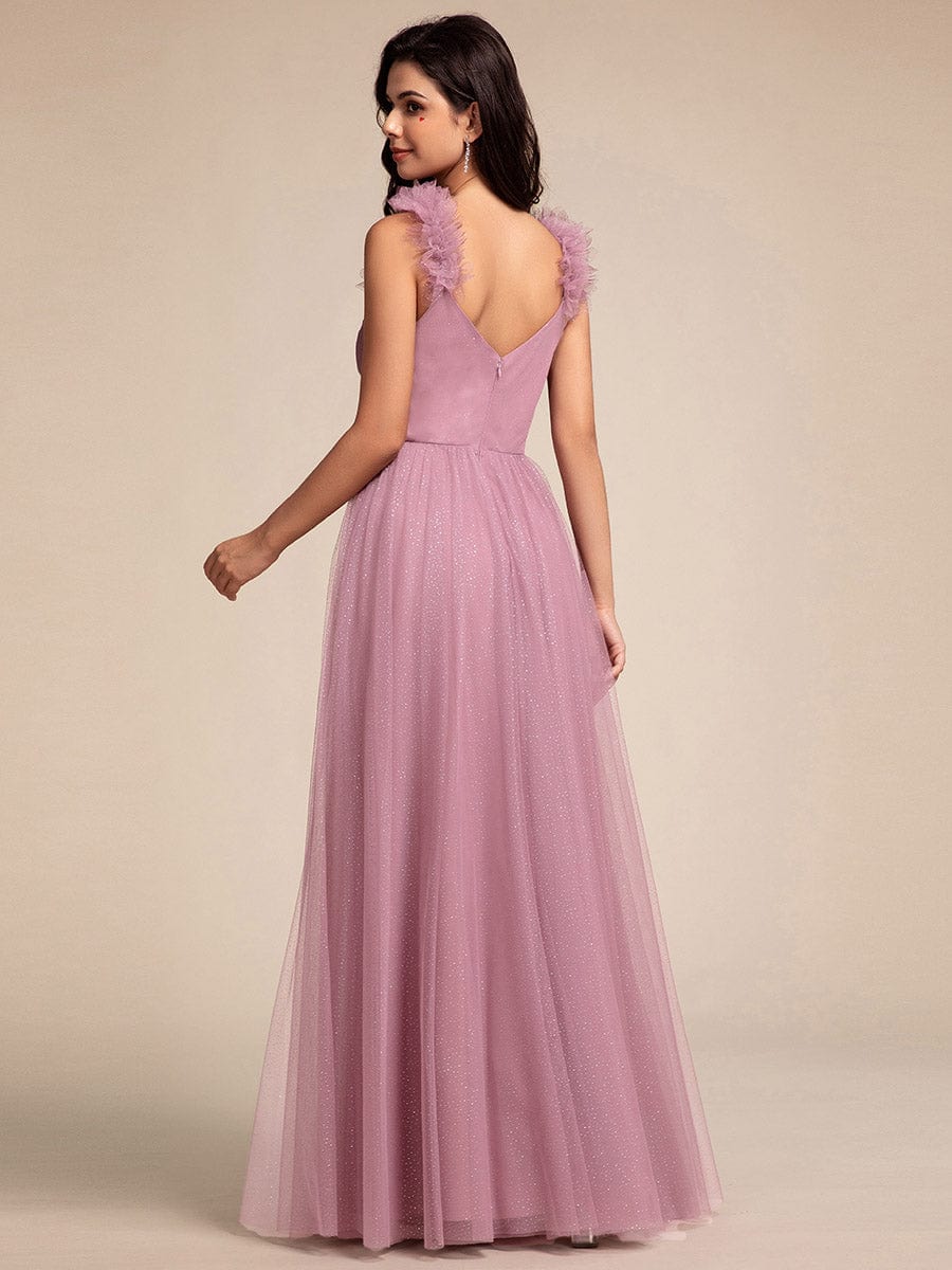 Embellished Shoulders Pleated Tulle Glitter Bridesmaid Dress #color_Purple Orchid