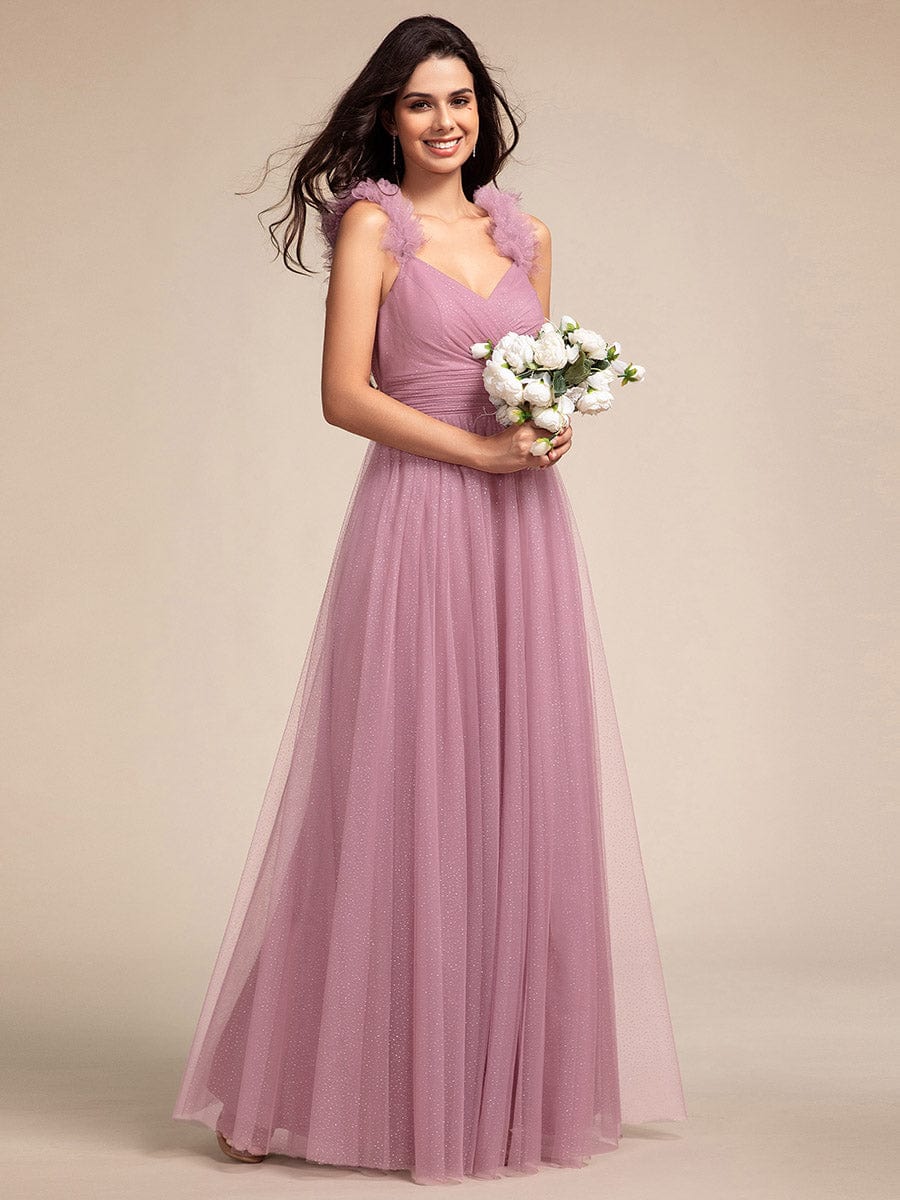 Embellished Shoulders Pleated Tulle Glitter Bridesmaid Dress #color_Purple Orchid