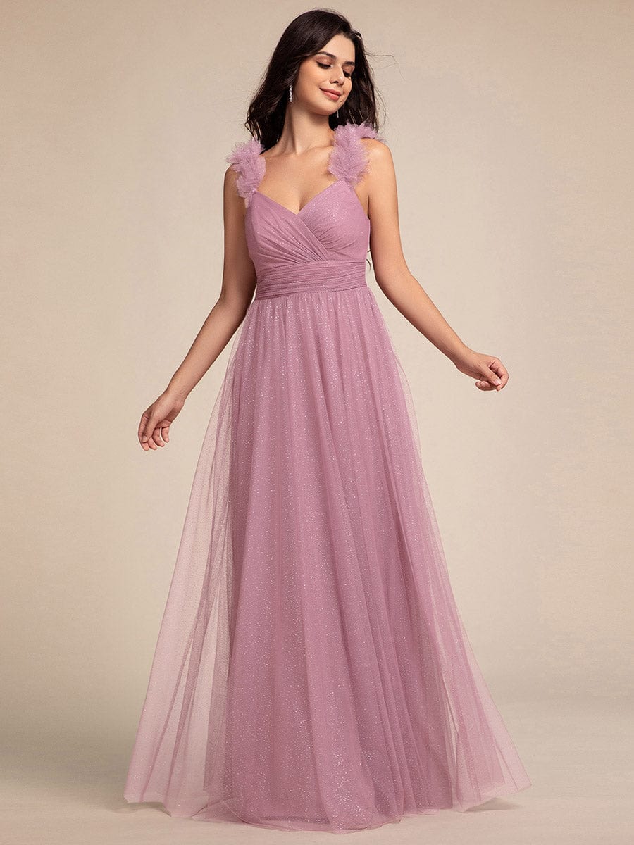 Embellished Shoulders Pleated Tulle Glitter Bridesmaid Dress #color_Purple Orchid