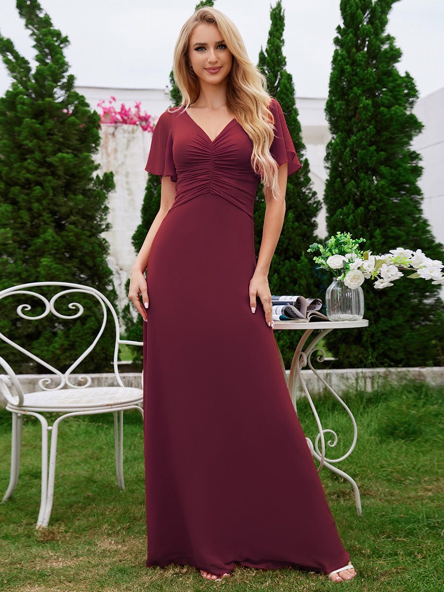 Ruffled Sleeves and V-Neck Pleated A-Line Chiffon Bridesmaid Dress #color_Burgundy