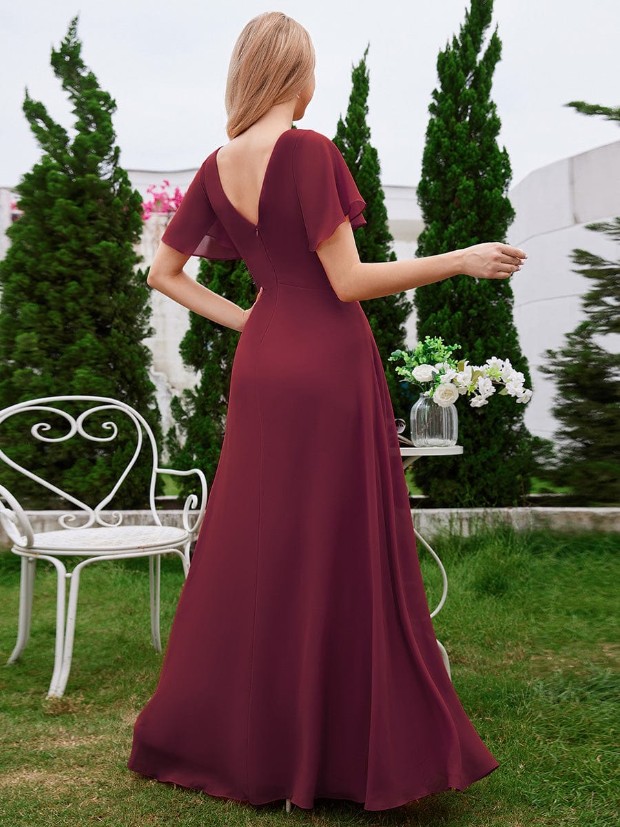 Ruffled Sleeves and V-Neck Pleated A-Line Chiffon Bridesmaid Dress #color_Burgundy