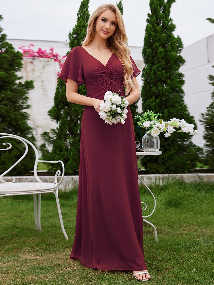 Ruffled Sleeves and V-Neck Pleated A-Line Chiffon Bridesmaid Dress #color_Burgundy