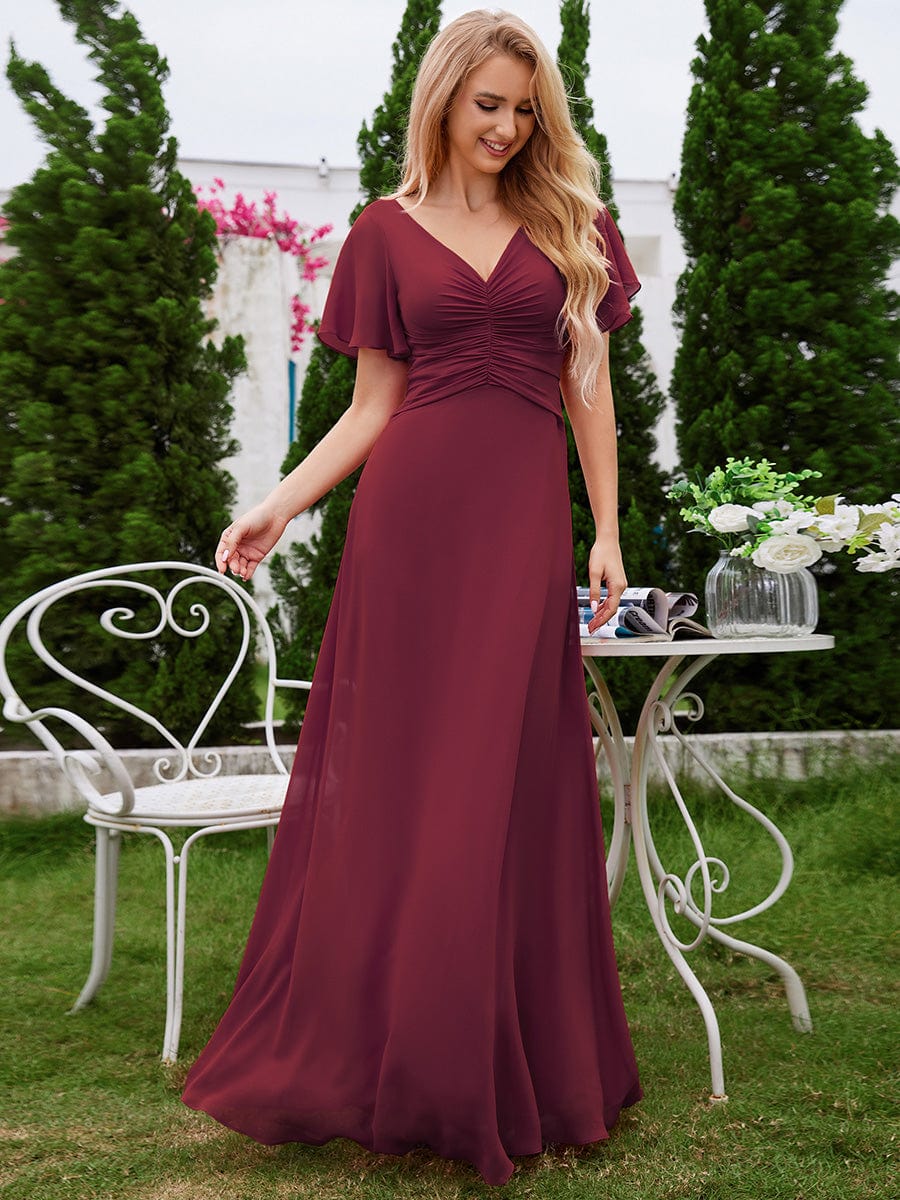 Ruffled Sleeves and V-Neck Pleated A-Line Chiffon Bridesmaid Dress #color_Burgundy