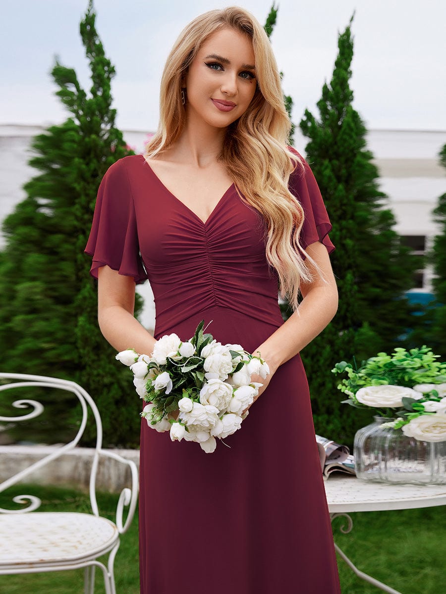 Ruffled Sleeves and V-Neck Pleated A-Line Chiffon Bridesmaid Dress #color_Burgundy