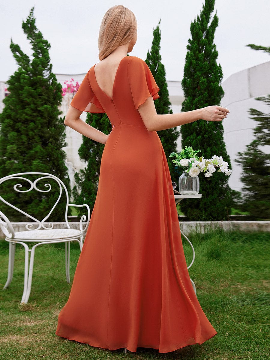 Ruffled Sleeves and V-Neck Pleated A-Line Chiffon Bridesmaid Dress #color_Burnt Orange