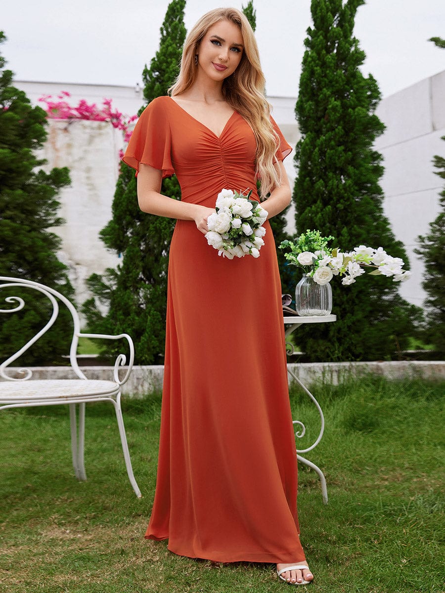 Ruffled Sleeves and V-Neck Pleated A-Line Chiffon Bridesmaid Dress #color_Burnt Orange