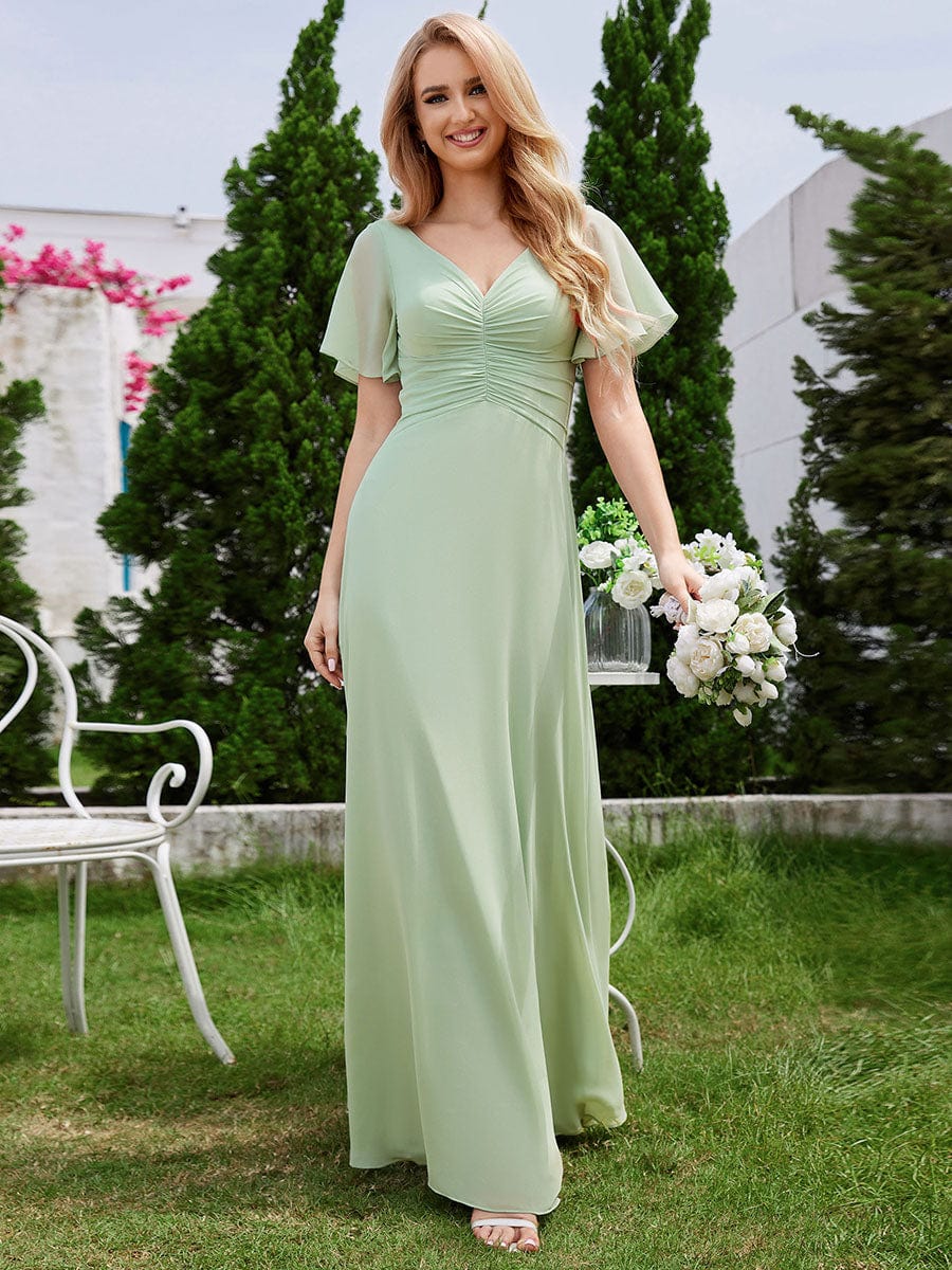 Ruffled Sleeves and V-Neck Pleated A-Line Chiffon Bridesmaid Dress #color_Mint Green