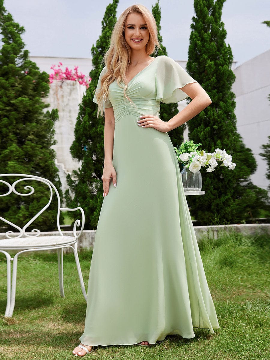 Ruffled Sleeves and V-Neck Pleated A-Line Chiffon Bridesmaid Dress #color_Mint Green