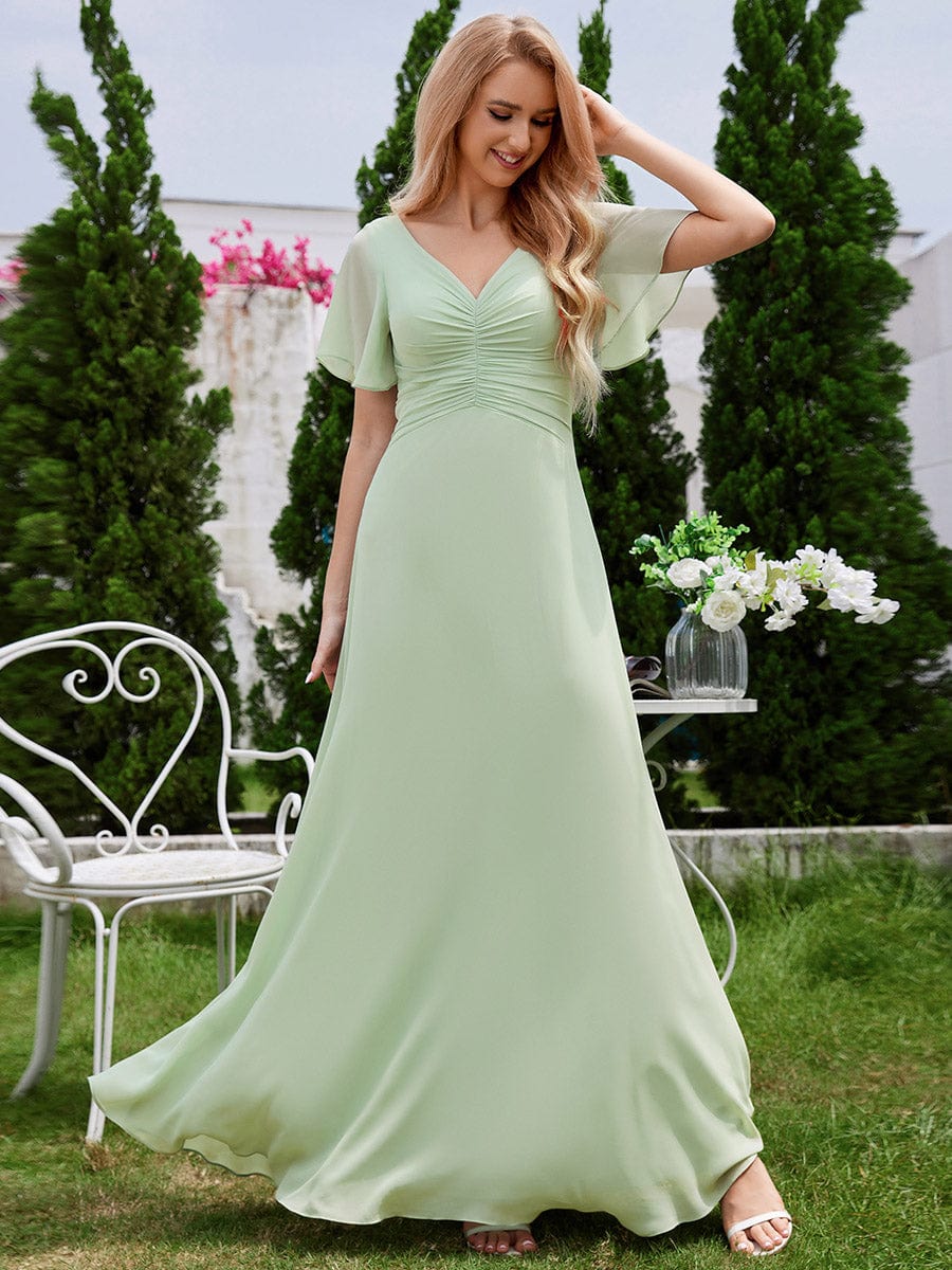 Ruffled Sleeves and V-Neck Pleated A-Line Chiffon Bridesmaid Dress #color_Mint Green