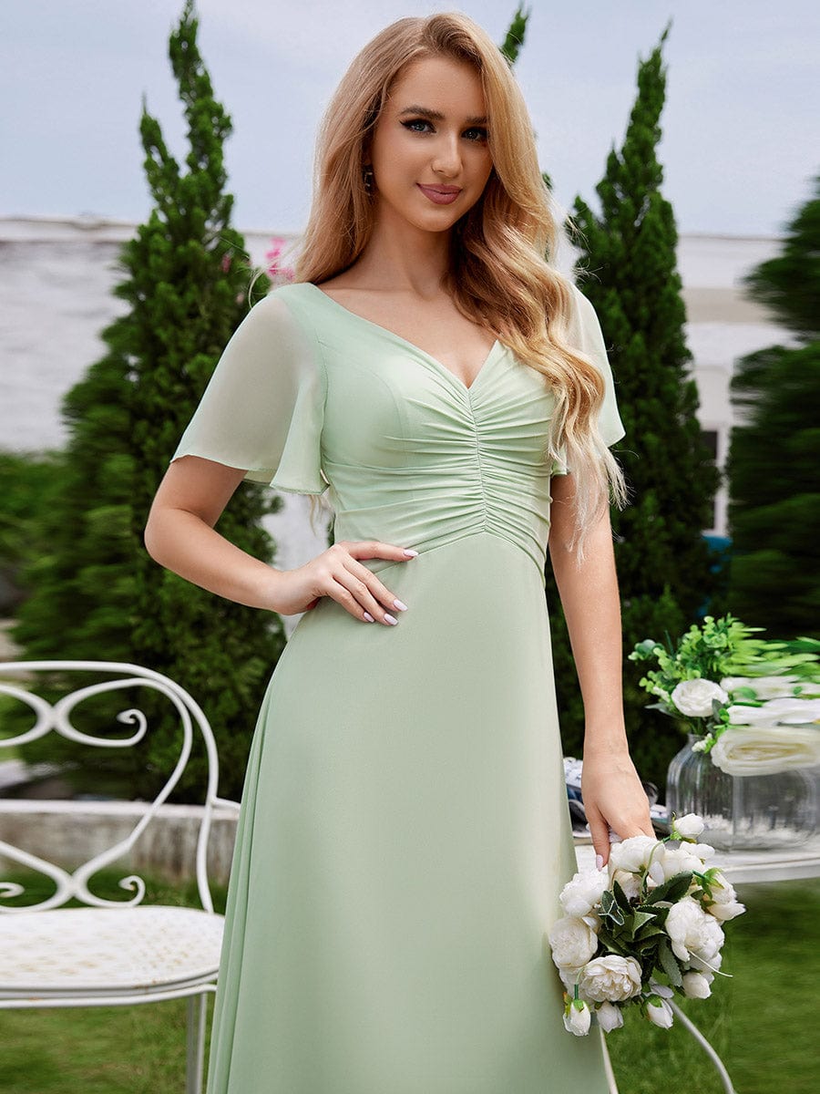 Ruffled Sleeves and V-Neck Pleated A-Line Chiffon Bridesmaid Dress #color_Mint Green