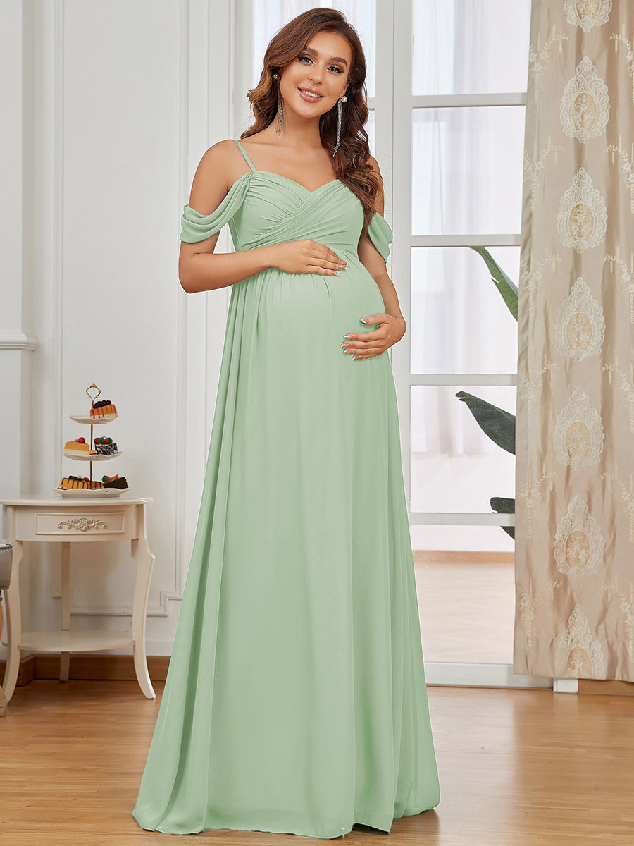 Off-Shoulder Spaghetti Strap A-Line Maternity Dress #color_Mint Green