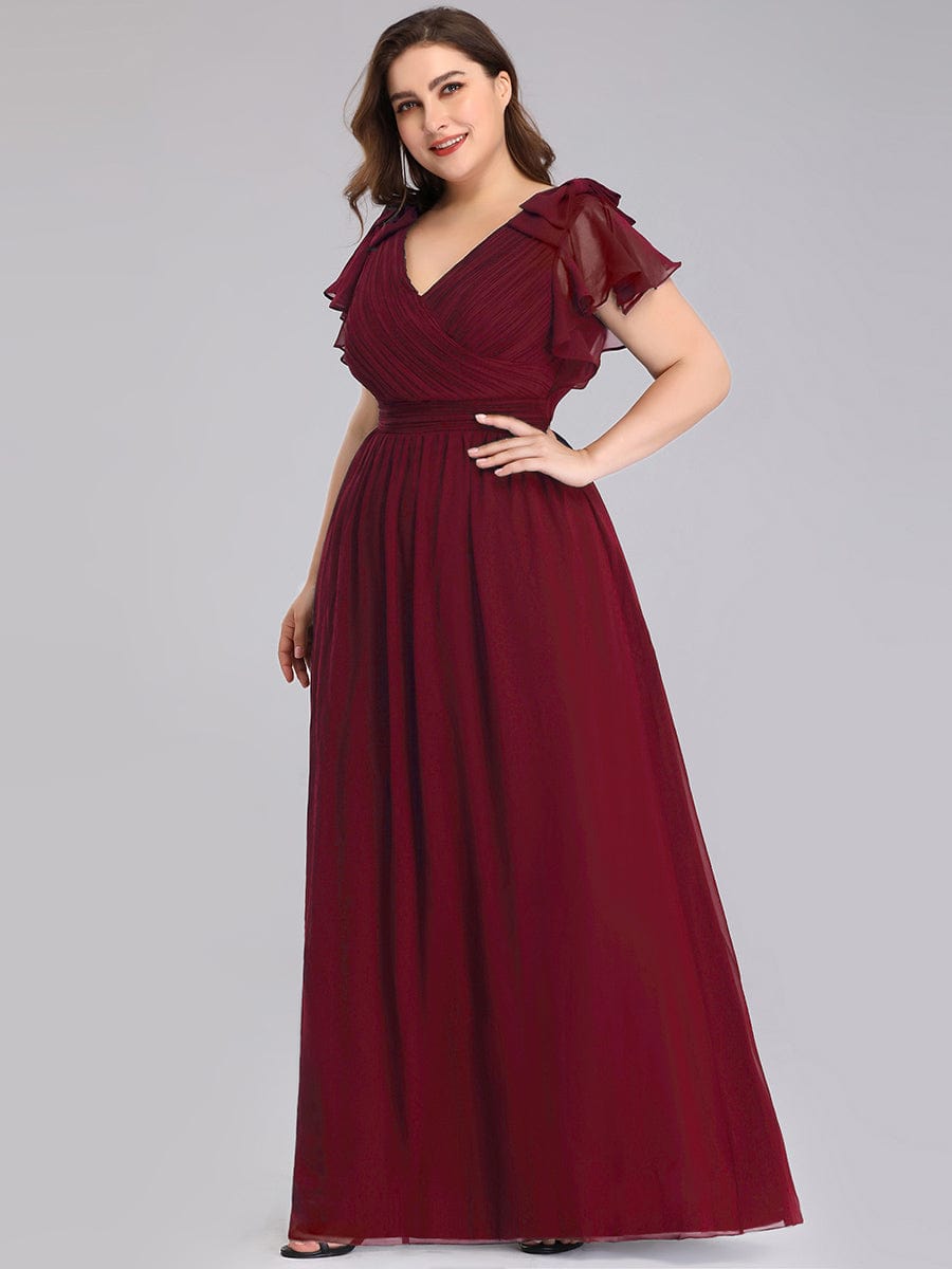 Plus Size Ruched Bodice Formal Evening Dresses with Ruffles Sleeves #color_Burgundy