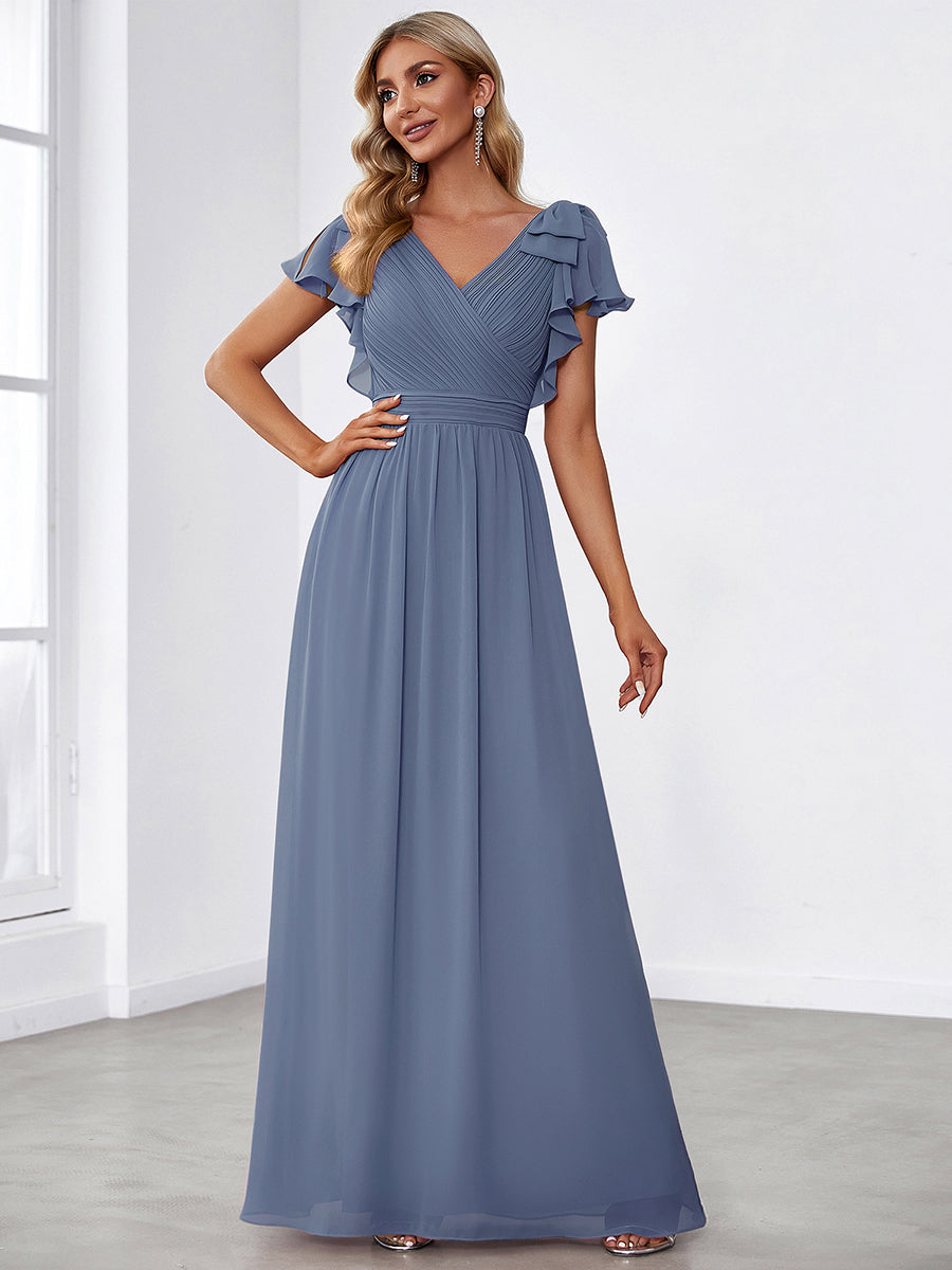 Elegant Pleated Bodice Ruffles Sleeves Chiffon Evening Dress #color_Dusty Blue