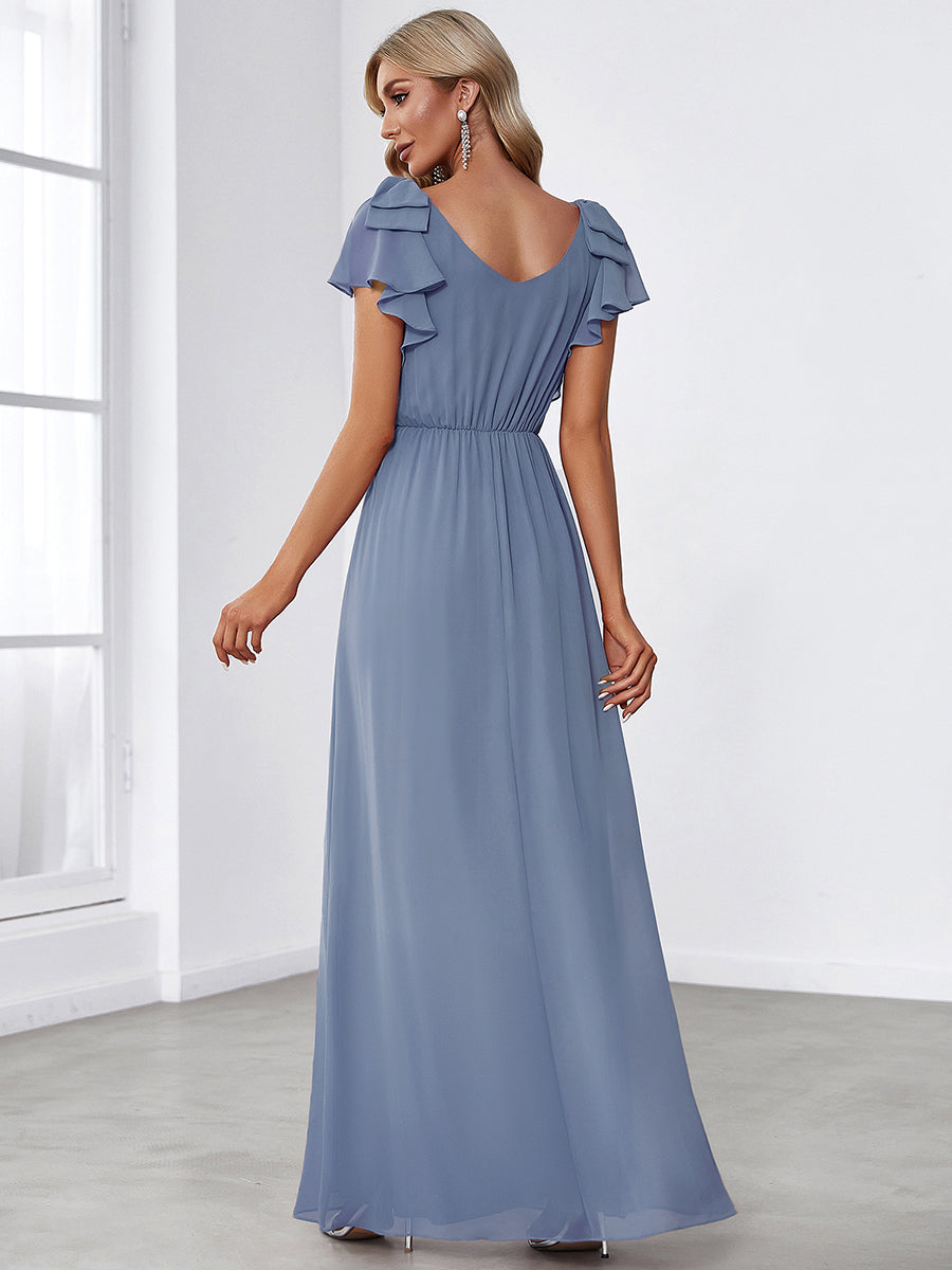 Elegant Pleated Bodice Ruffles Sleeves Chiffon Evening Dress #color_Dusty Blue