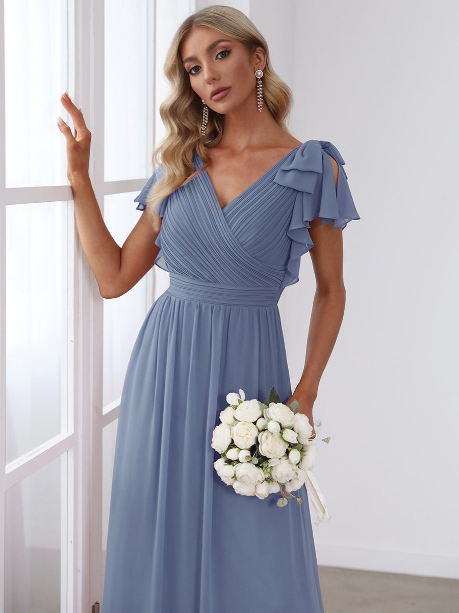 Elegant Pleated Bodice Ruffles Sleeves Chiffon Evening Dress #color_Dusty Blue