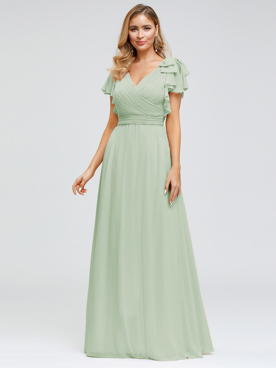 Elegant Pleated Bodice Ruffles Sleeves Chiffon Evening Dress #color_Mint Green