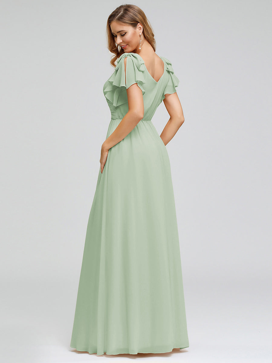 Elegant Pleated Bodice Ruffles Sleeves Chiffon Evening Dress #color_Mint Green