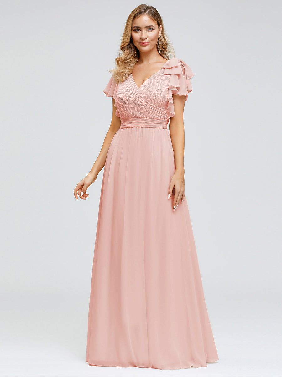 Elegant Pleated Bodice Ruffles Sleeves Chiffon Evening Dress #color_Pink