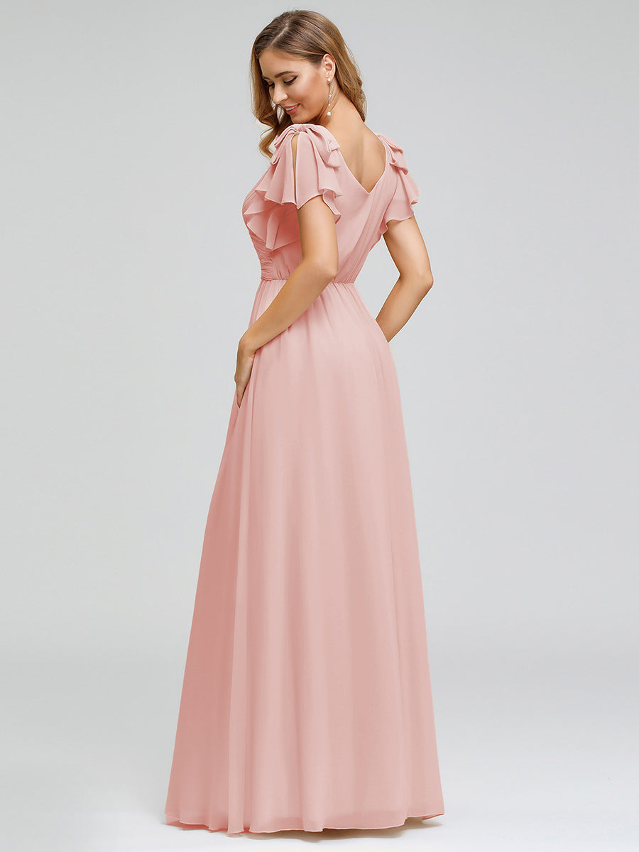 Elegant Pleated Bodice Ruffles Sleeves Chiffon Evening Dress #color_Pink