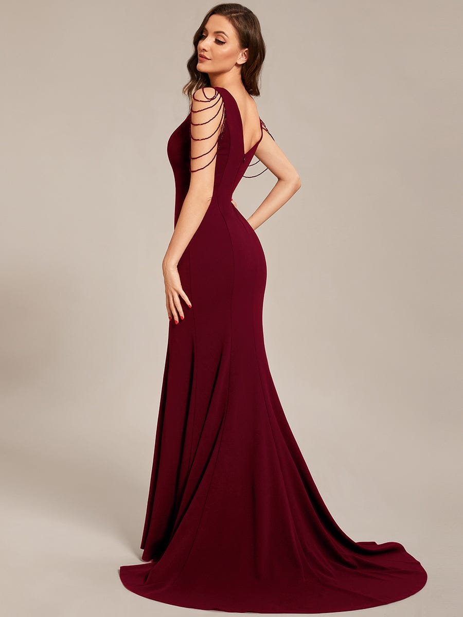 Sleeveless with Chain Bodycon Mermaid High Slit Formal Evening Dress #color_Burgundy