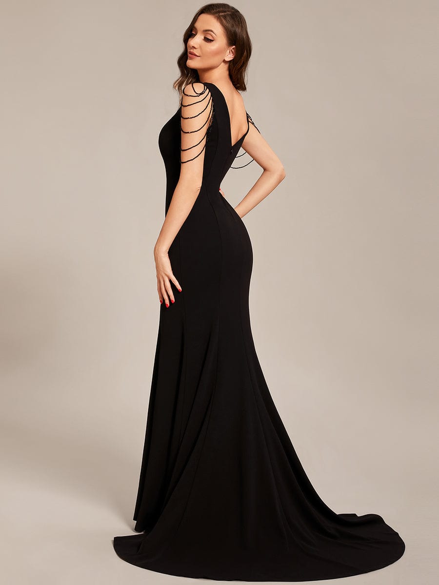 Sleeveless with Chain Bodycon Mermaid High Slit Formal Evening Dress #color_Black