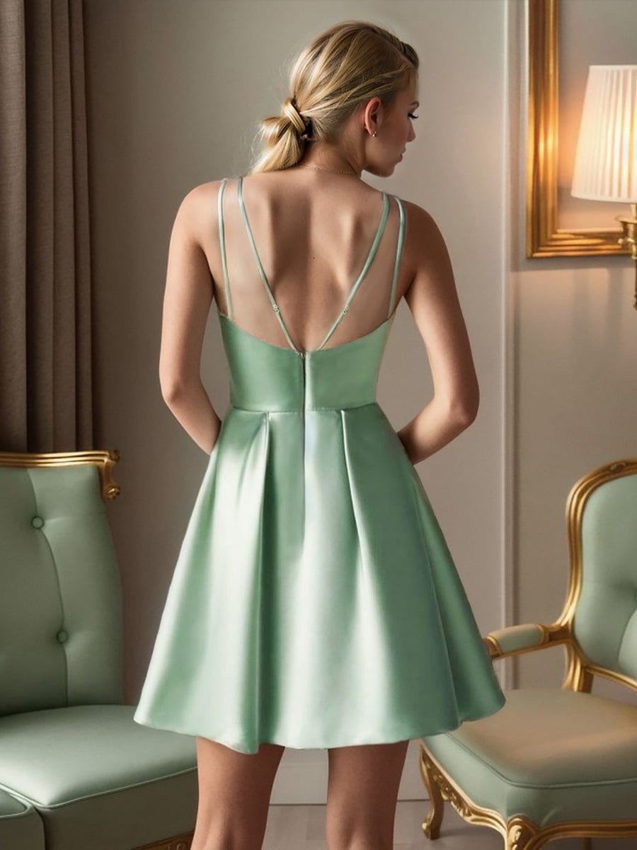 Pleated Satin A-Line Double Spaghetti Strap V-Neck Homecoming Dress #color_Sage Green