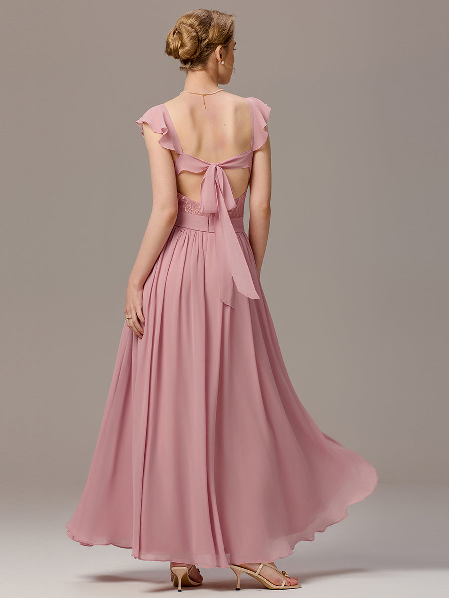 Back-Tie Pleated Ruffles Sleeves Maxi Bridesmaid Dress #color_Dusty Rose