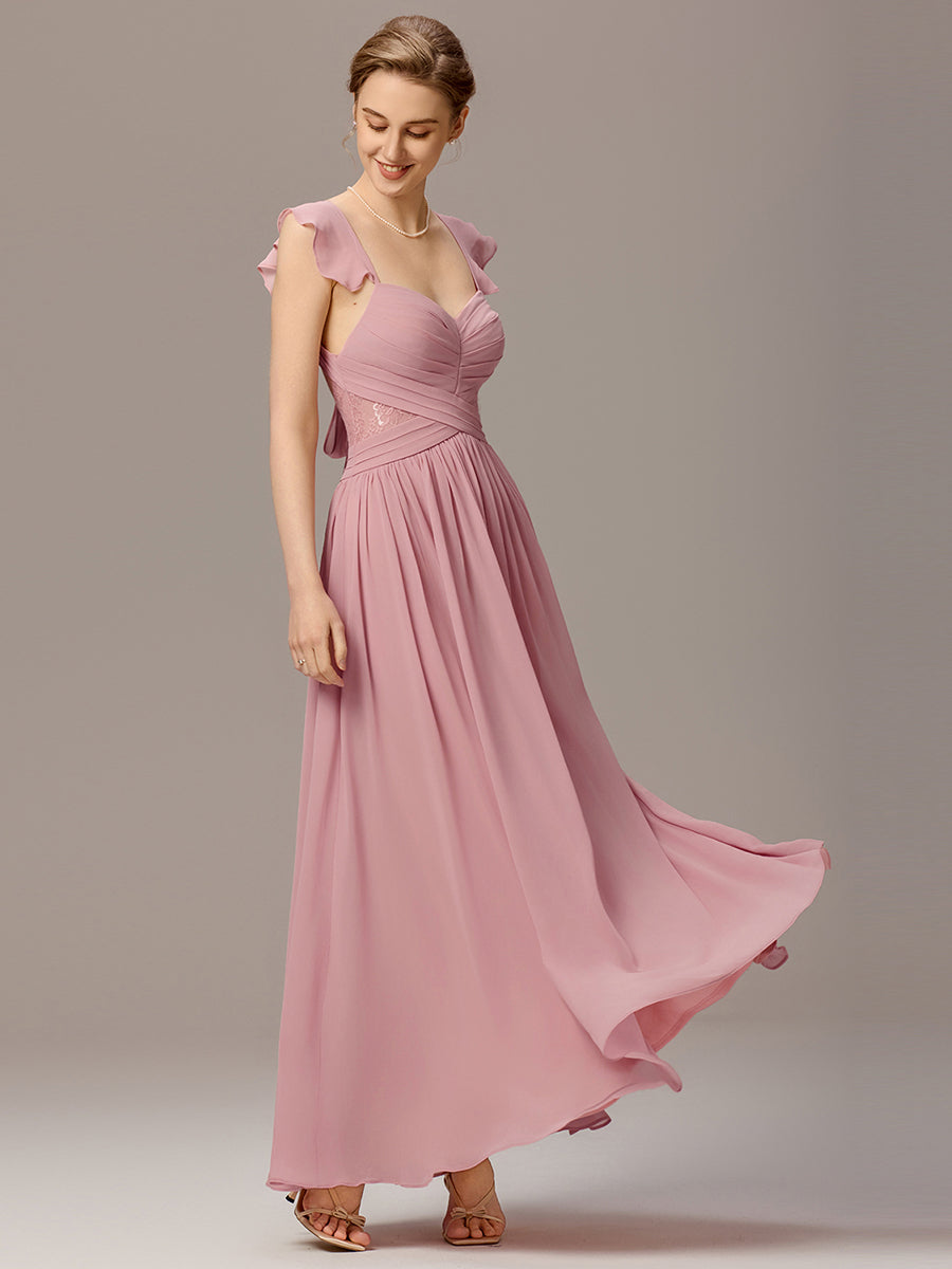 Back-Tie Pleated Ruffles Sleeves Maxi Bridesmaid Dress #color_Dusty Rose