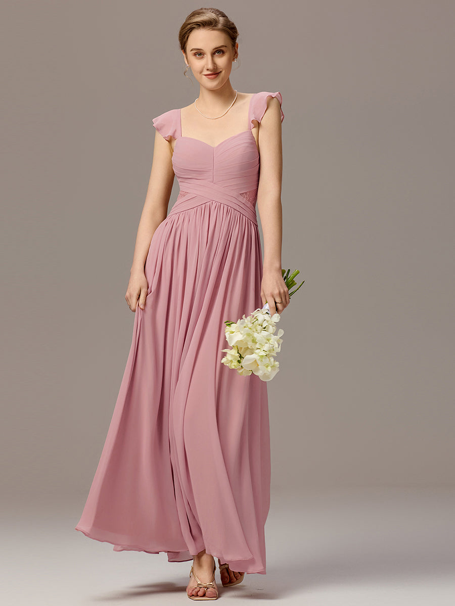 Back-Tie Pleated Ruffles Sleeves Maxi Bridesmaid Dress #color_Dusty Rose