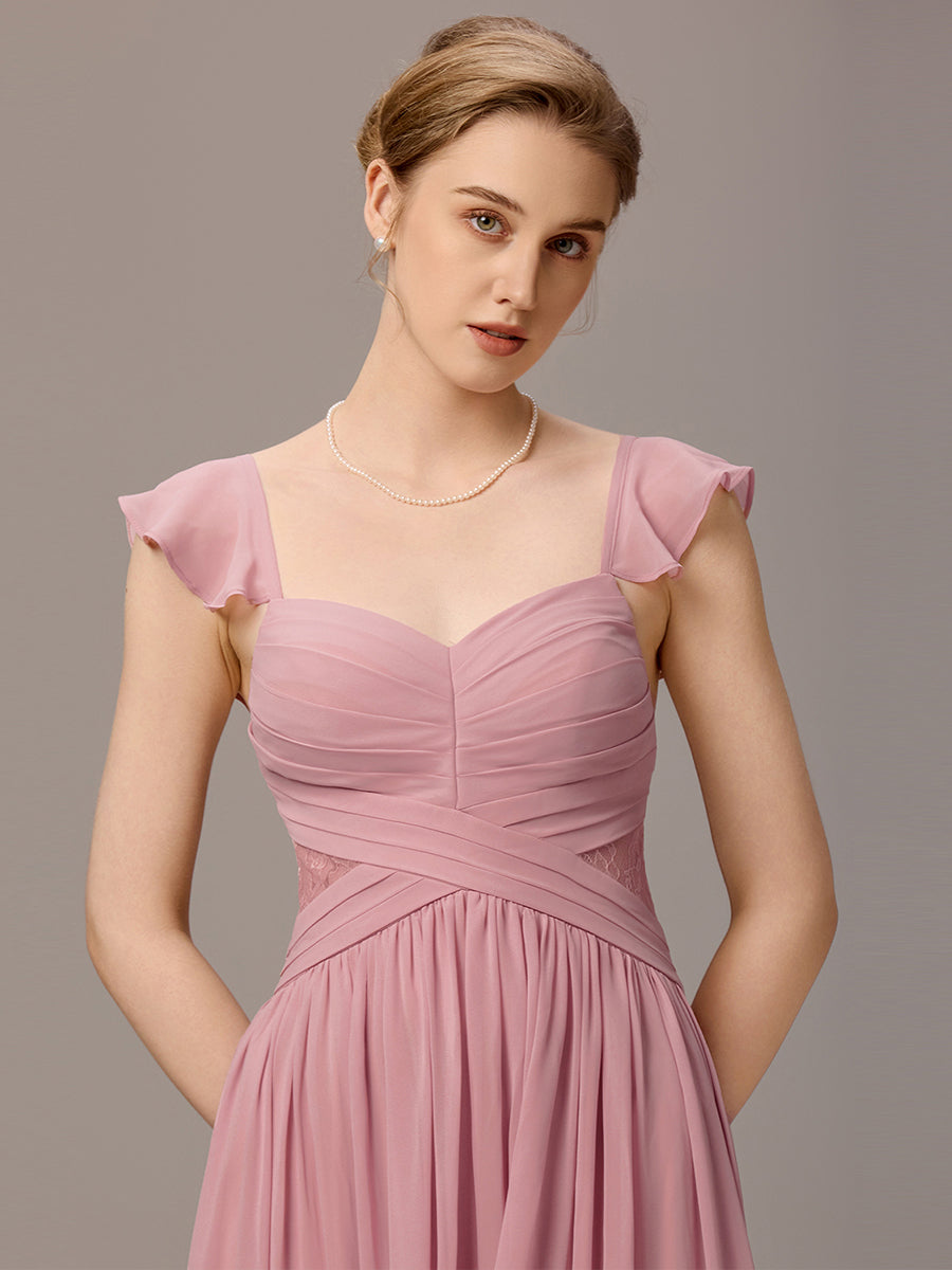 Back-Tie Pleated Ruffles Sleeves Maxi Bridesmaid Dress #color_Dusty Rose